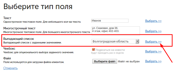 inSales. Добавление выпадающего списка